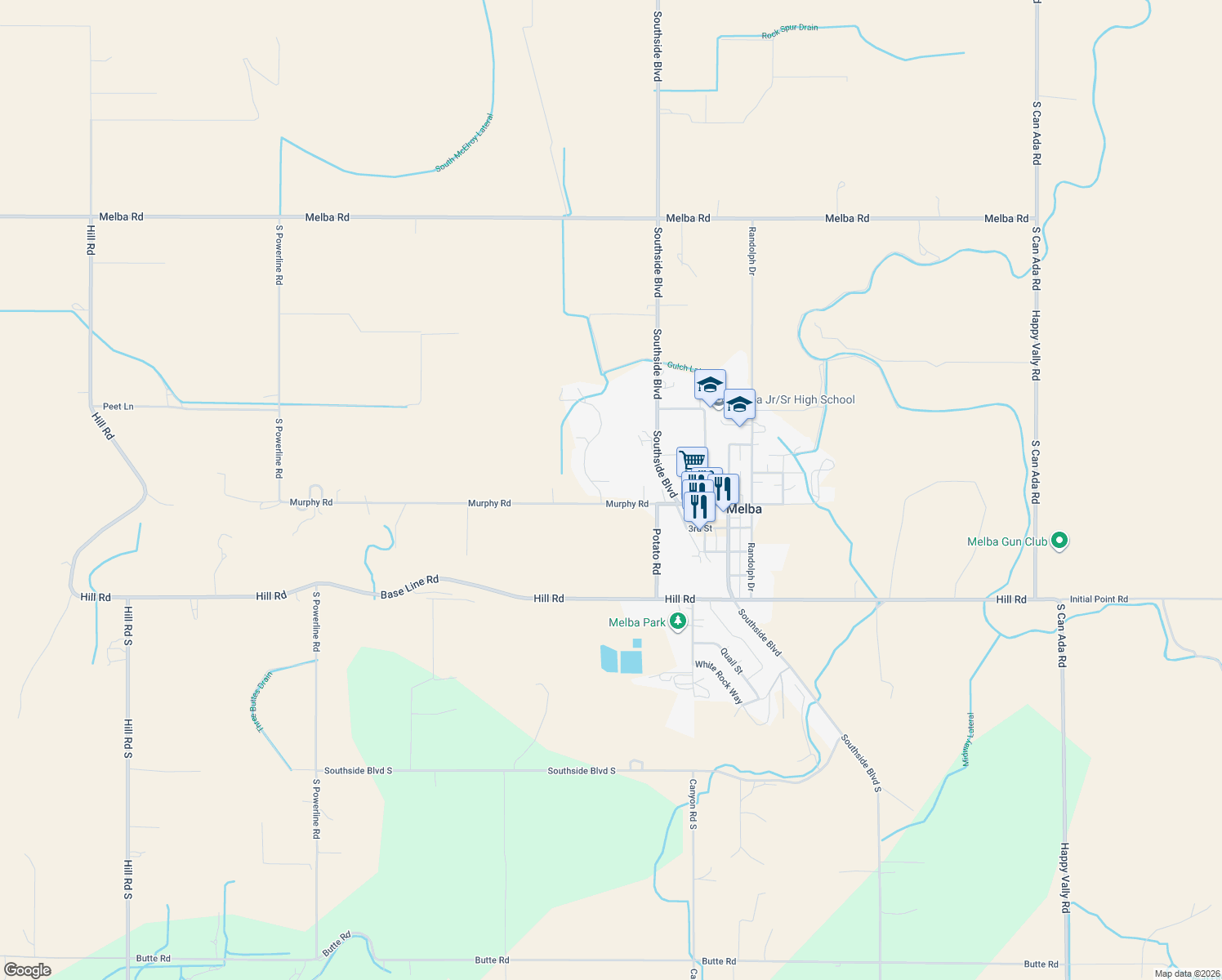 map of restaurants, bars, coffee shops, grocery stores, and more near 292 Harris View Way in Melba