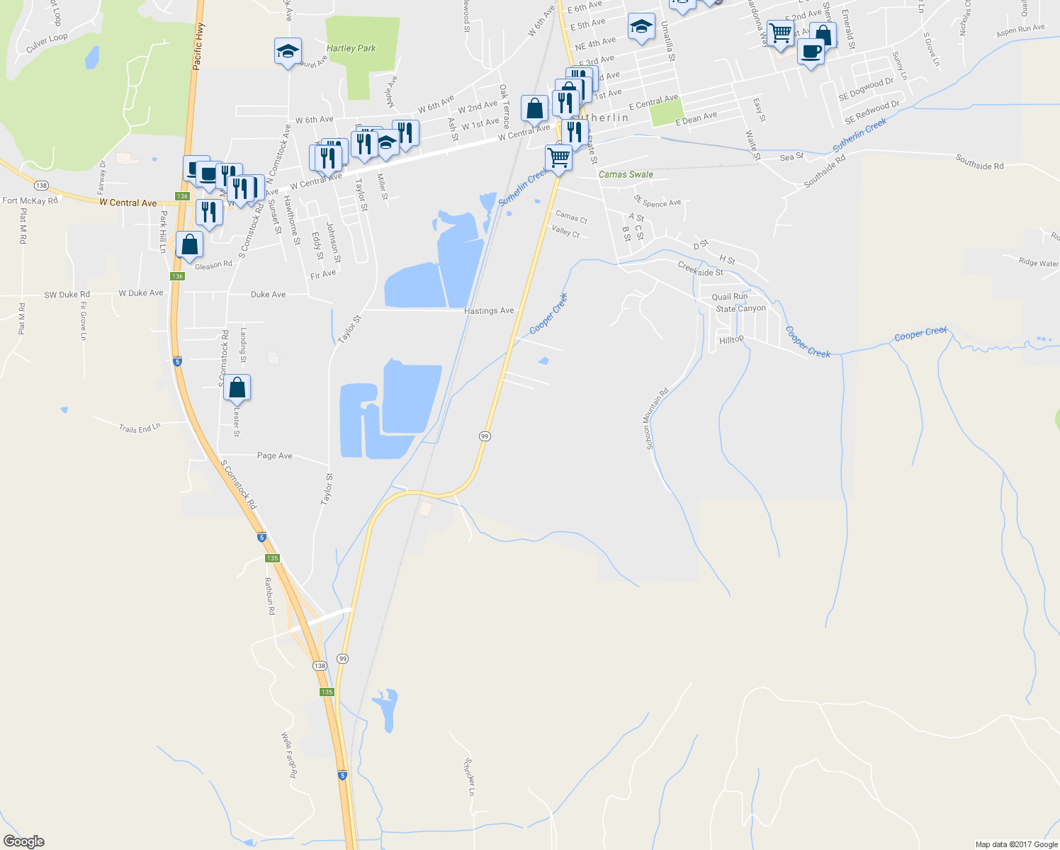 map of restaurants, bars, coffee shops, grocery stores, and more near 1082 South Calapooia Street in Sutherlin