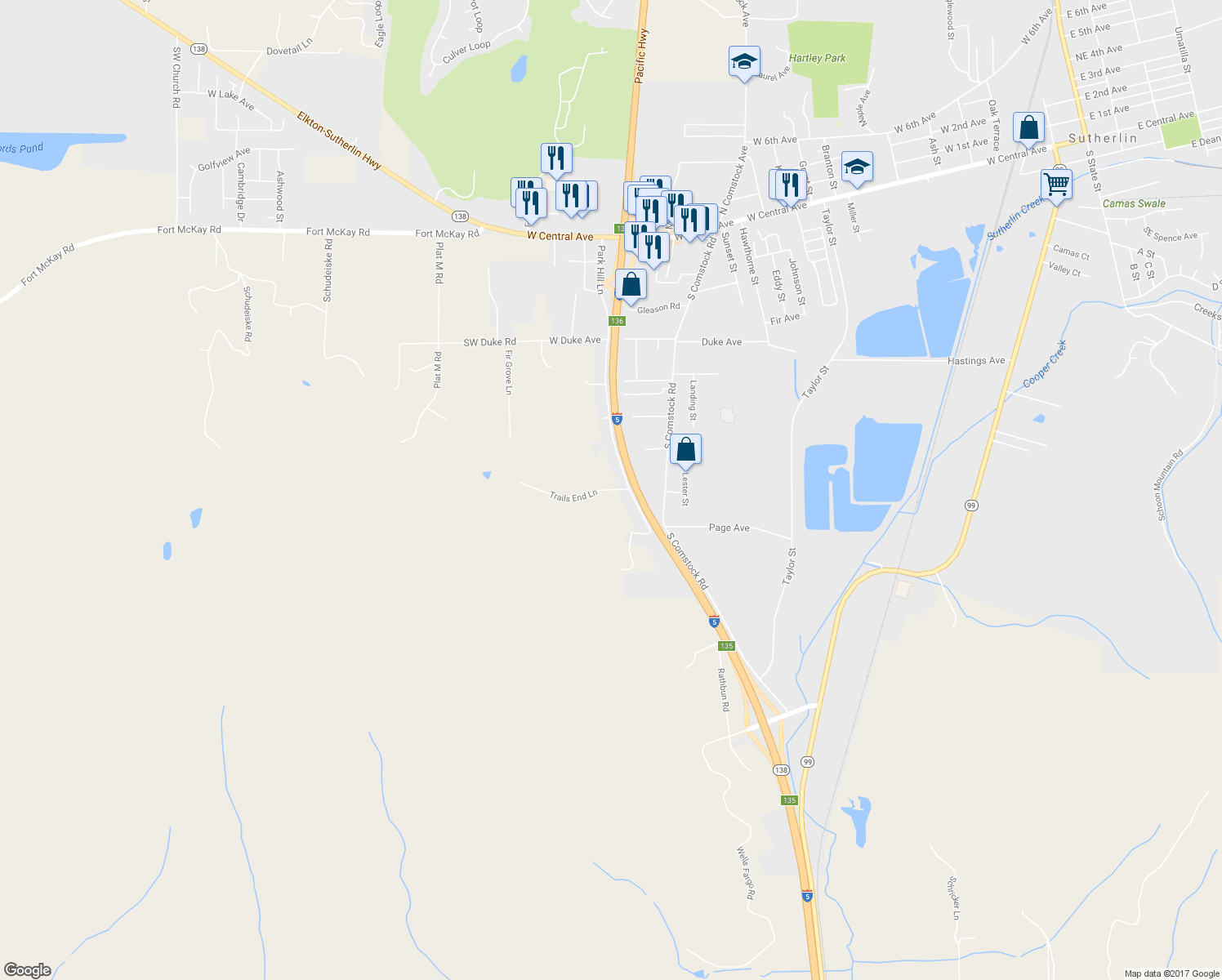 map of restaurants, bars, coffee shops, grocery stores, and more near 1654 Trails End Lane in Sutherlin