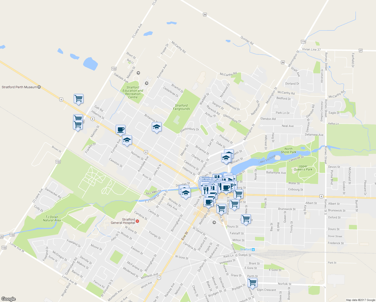 map of restaurants, bars, coffee shops, grocery stores, and more near 86 Charles Street in Stratford