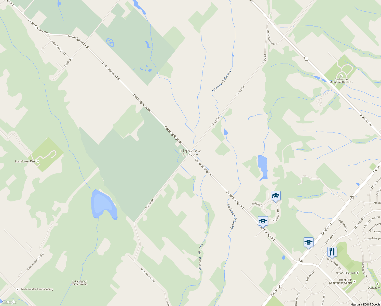 map of restaurants, bars, coffee shops, grocery stores, and more near 3415 Cedar Springs Road in Burlington