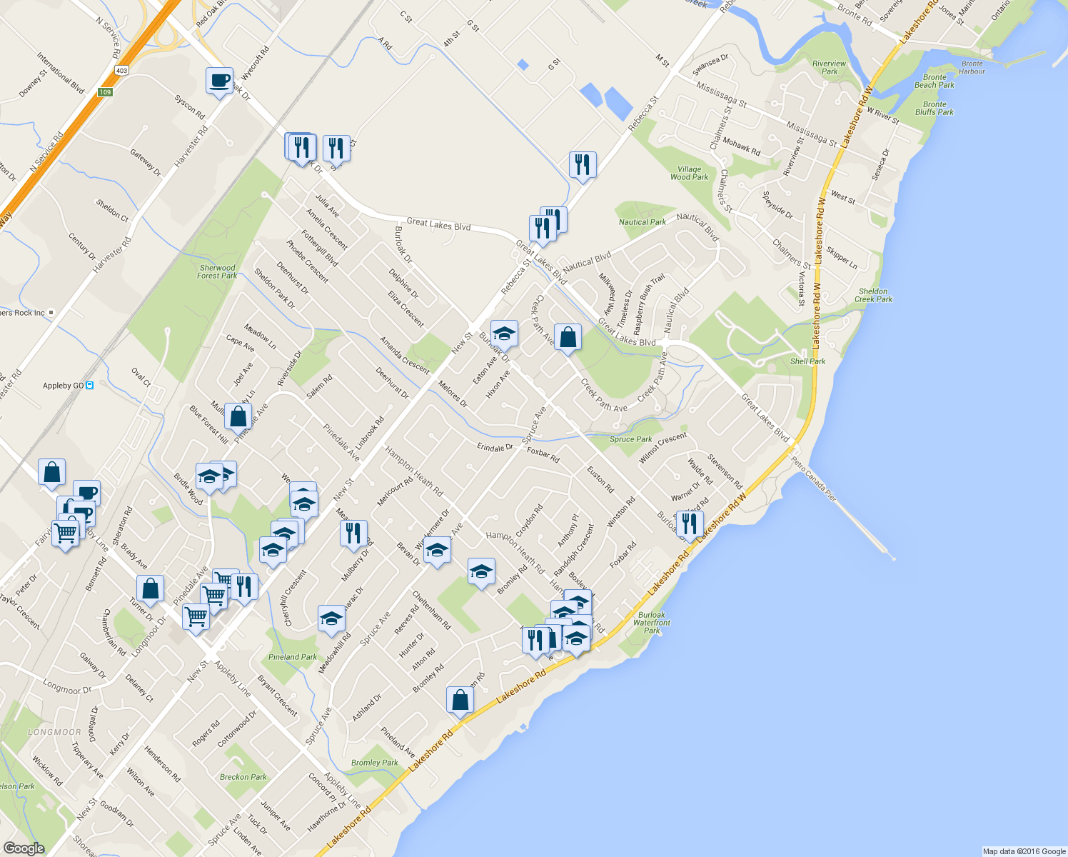 map of restaurants, bars, coffee shops, grocery stores, and more near 5510 Spruce Avenue in Burlington