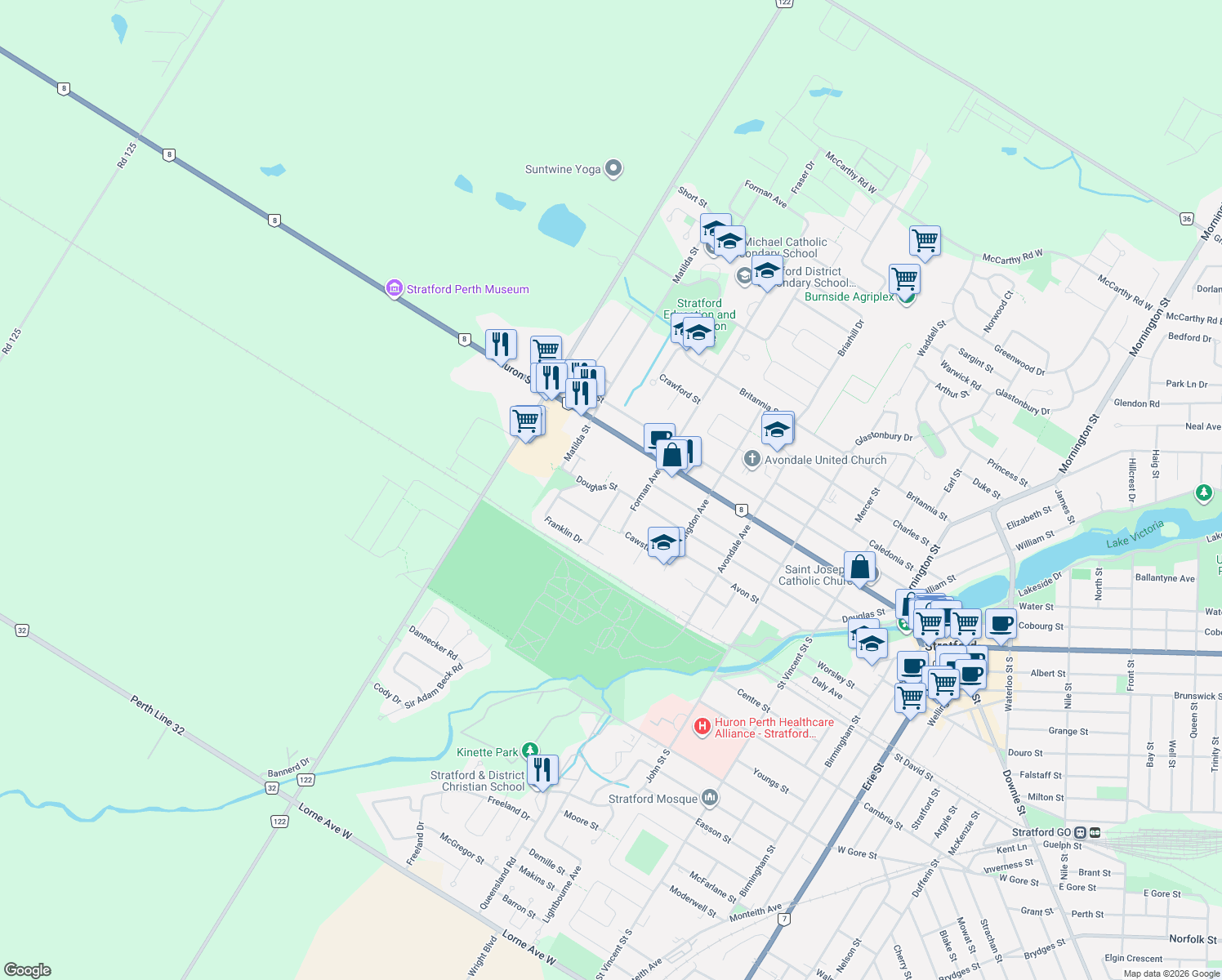map of restaurants, bars, coffee shops, grocery stores, and more near 369-399 Douglas Street in Stratford