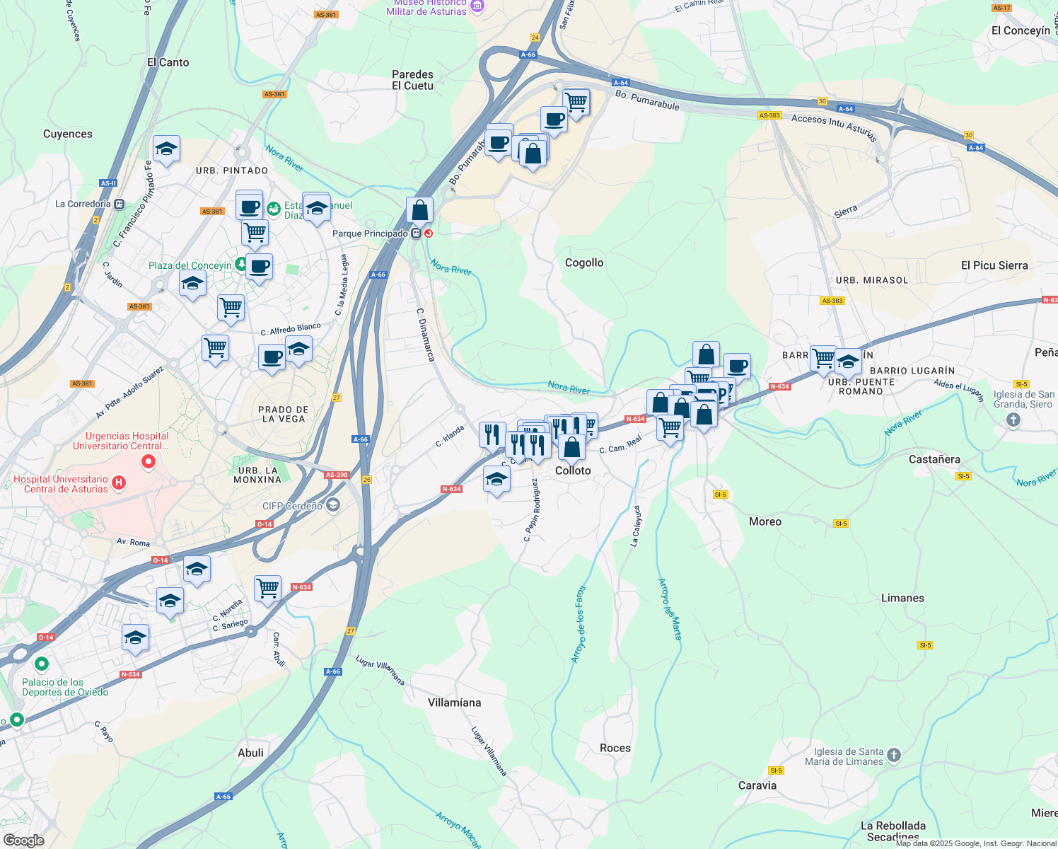 map of restaurants, bars, coffee shops, grocery stores, and more near Calle Zamora in Colloto