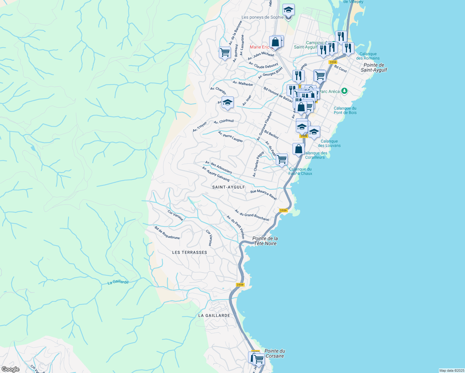 map of restaurants, bars, coffee shops, grocery stores, and more near 580 Avenue Charles Gounod in Fréjus