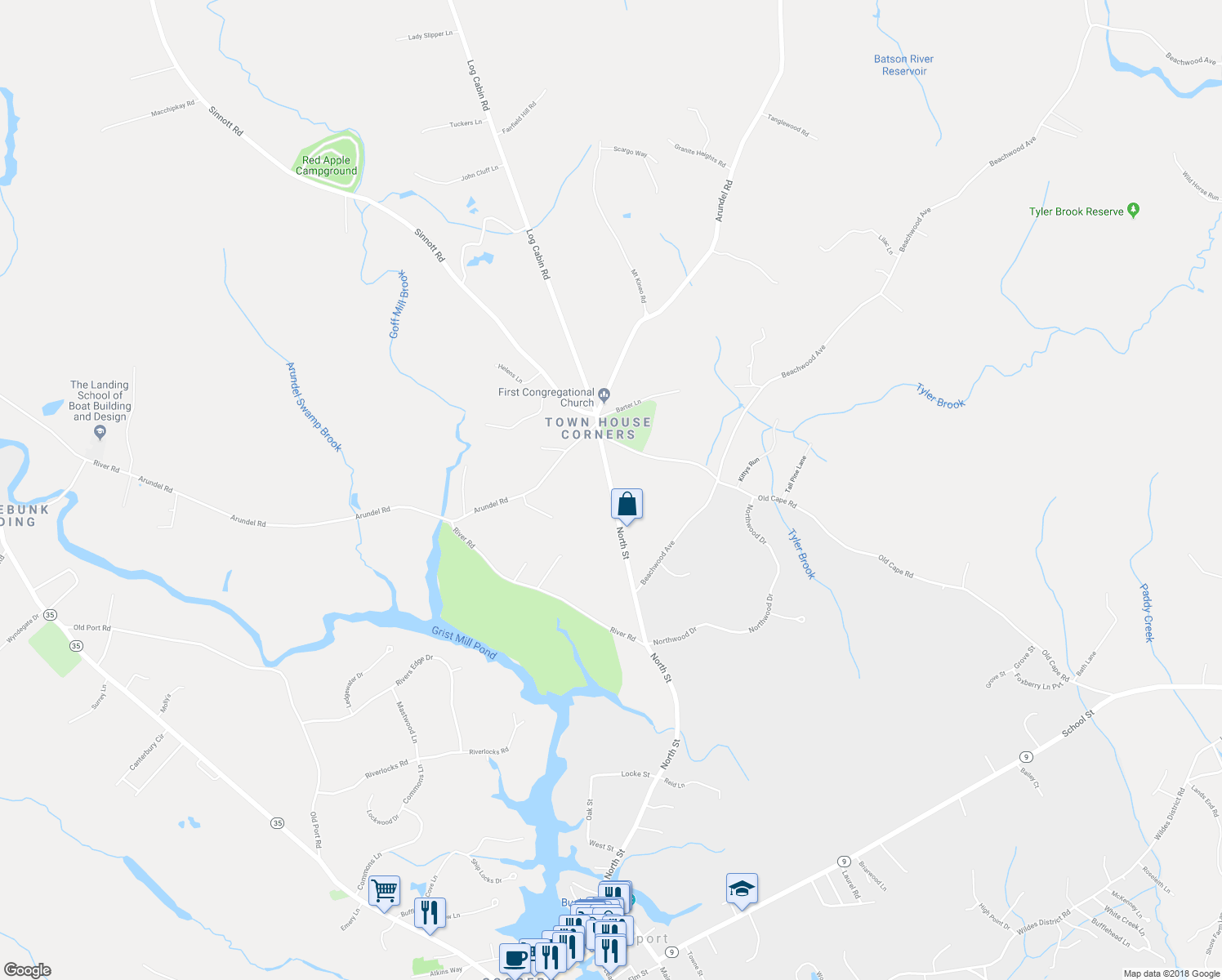 map of restaurants, bars, coffee shops, grocery stores, and more near 142 North Street in Kennebunkport