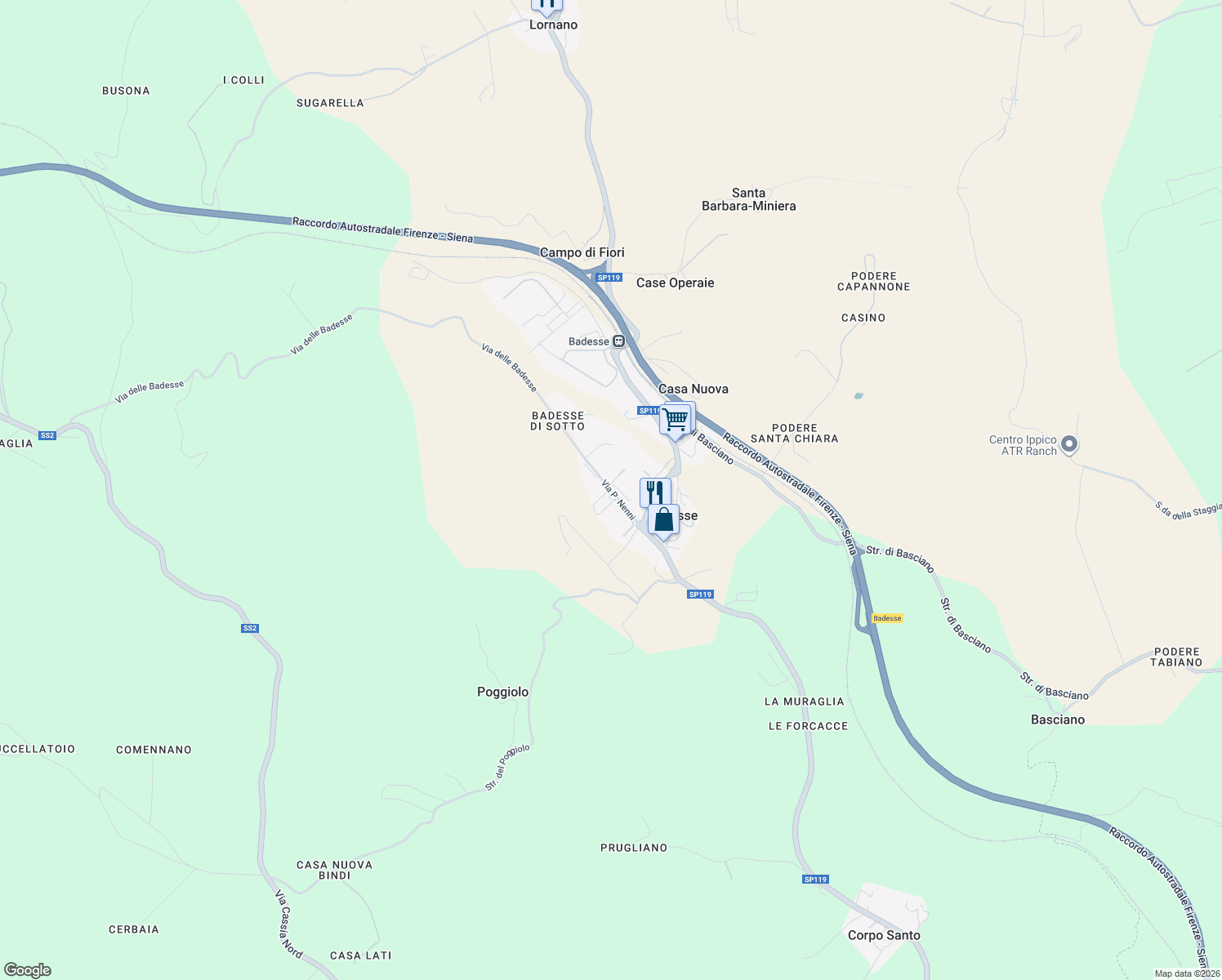 map of restaurants, bars, coffee shops, grocery stores, and more near 66 Via Pietro Nenni in Badesse