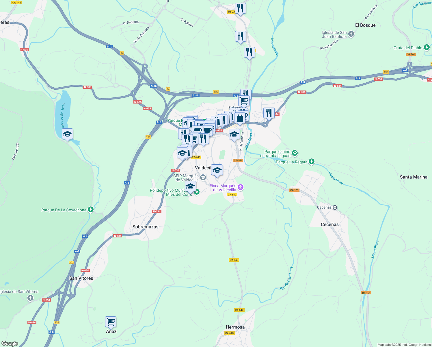 map of restaurants, bars, coffee shops, grocery stores, and more near 39 Paseo Santa María de Cudeyo in Valdecilla