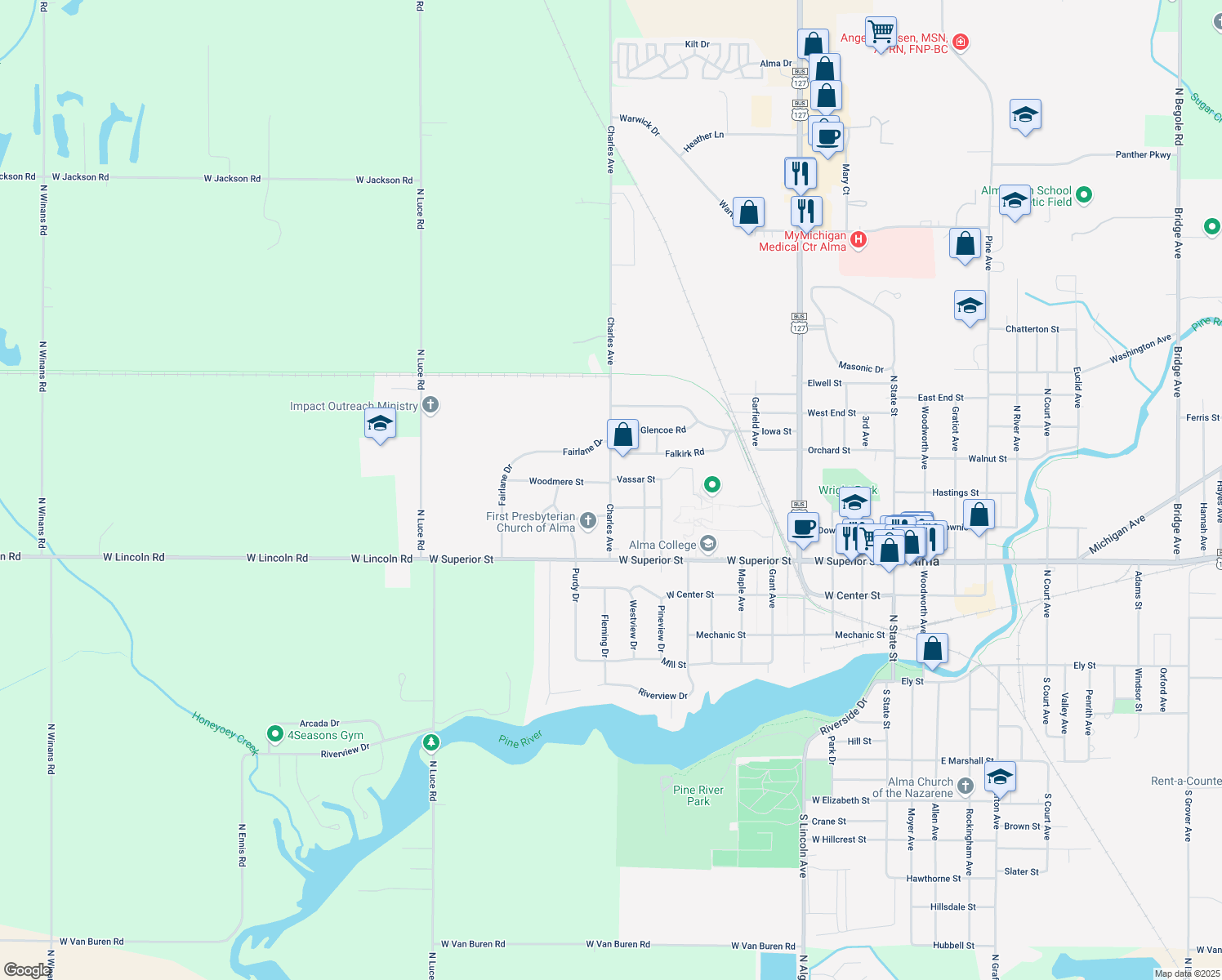 map of restaurants, bars, coffee shops, grocery stores, and more near 570 Charles Avenue in Alma