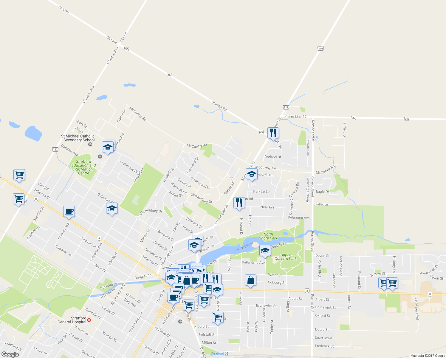 map of restaurants, bars, coffee shops, grocery stores, and more near 90 Greenwood Drive in Stratford