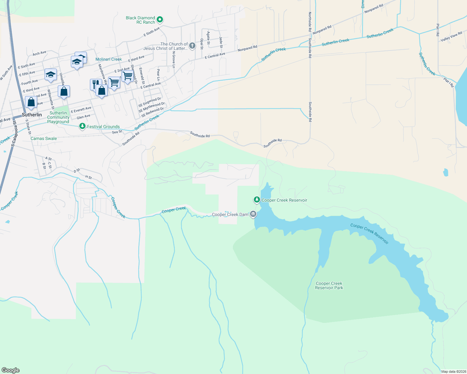 map of restaurants, bars, coffee shops, grocery stores, and more near 1852 Lakeview Drive in Sutherlin