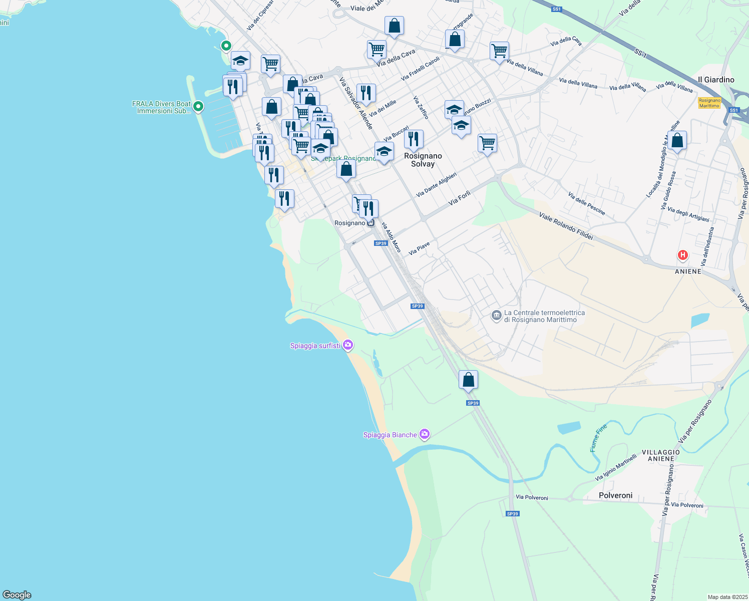 map of restaurants, bars, coffee shops, grocery stores, and more near 26 Via Vittorio Veneto in Rosignano Solvay-Castiglioncello