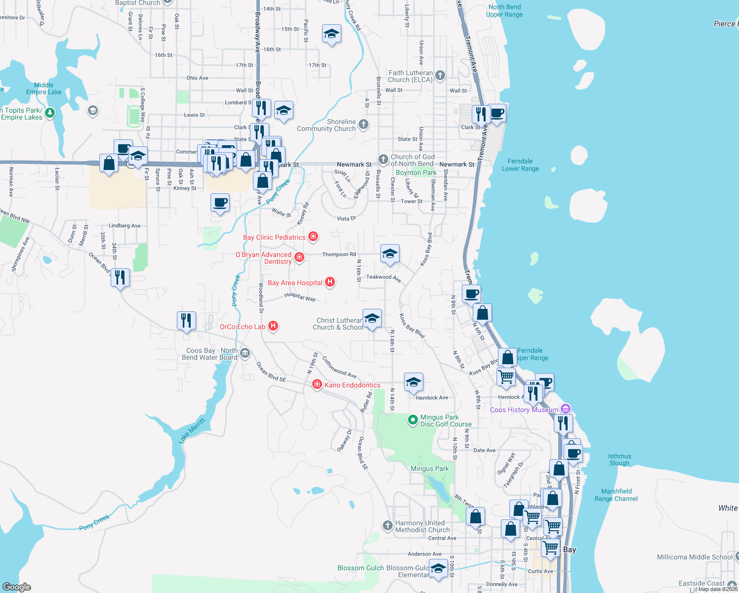 map of restaurants, bars, coffee shops, grocery stores, and more near 1560 Redwood Avenue in Coos Bay