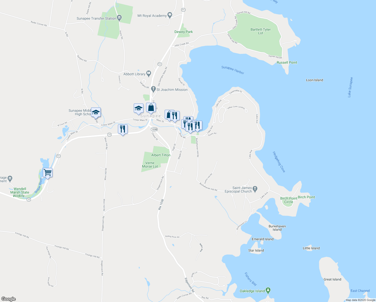 map of restaurants, bars, coffee shops, grocery stores, and more near 12 Maple Court in Sunapee