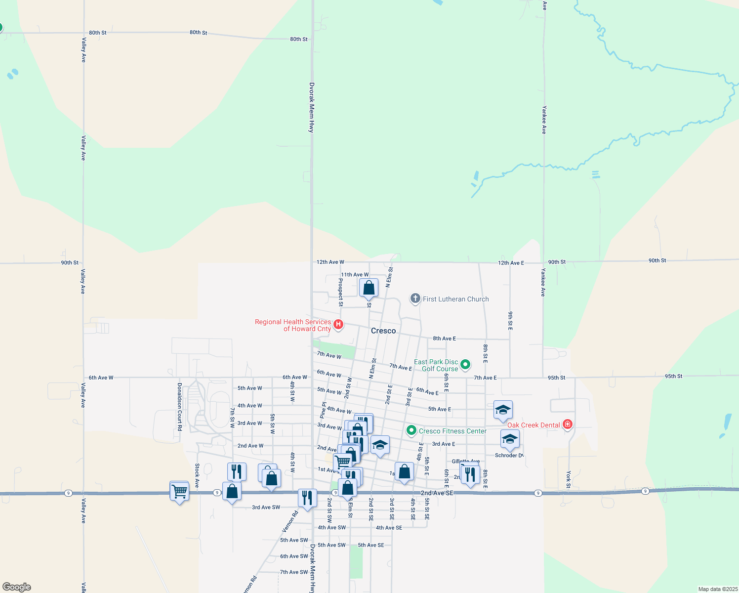 map of restaurants, bars, coffee shops, grocery stores, and more near 971 Division St in Cresco