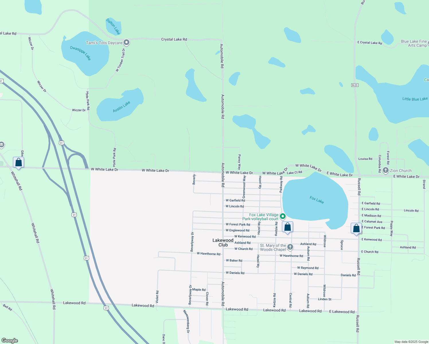 map of restaurants, bars, coffee shops, grocery stores, and more near 653 West White Lake Drive in Twin Lake