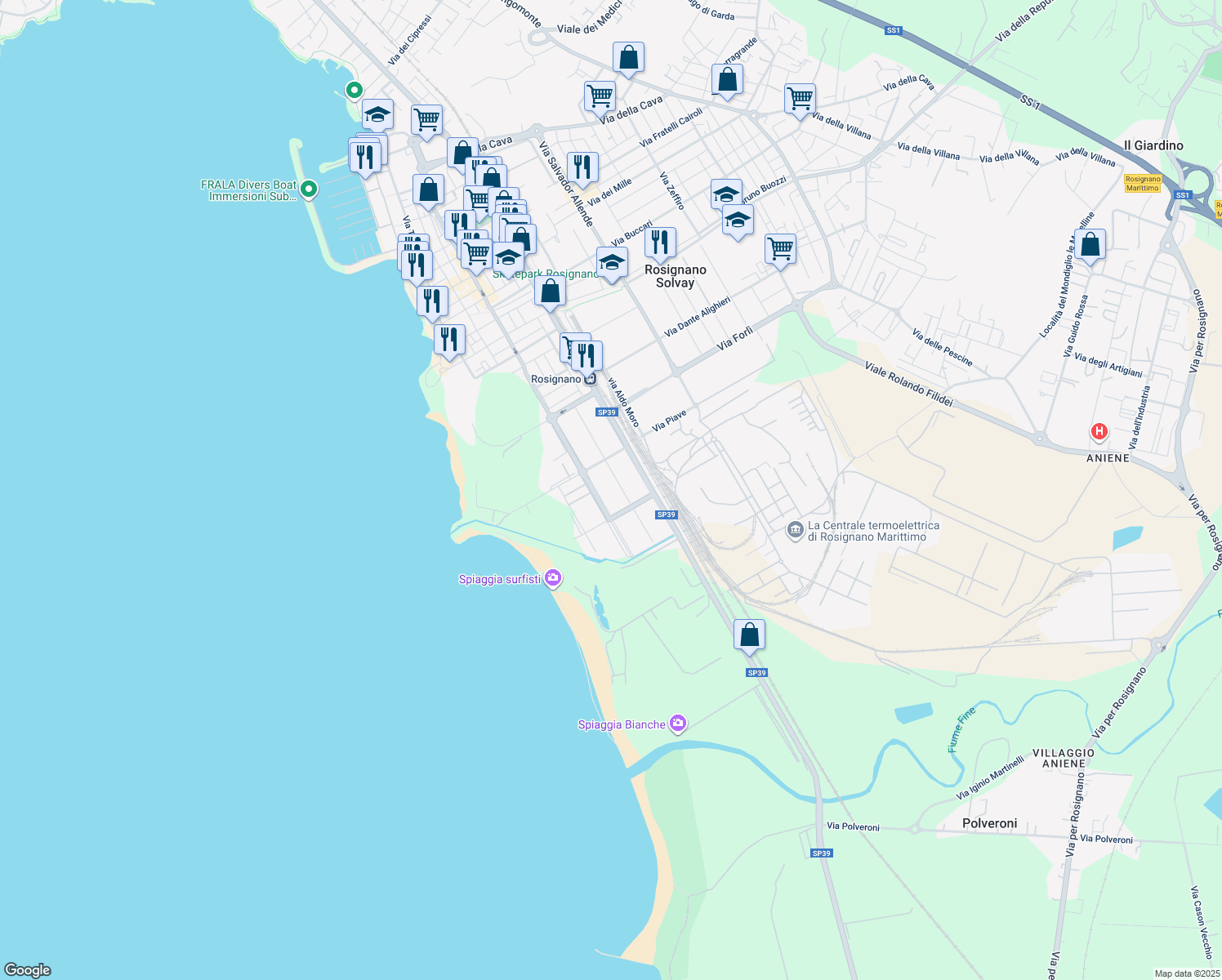 map of restaurants, bars, coffee shops, grocery stores, and more near 26 Via Vittorio Veneto in Rosignano Solvay-Castiglioncello