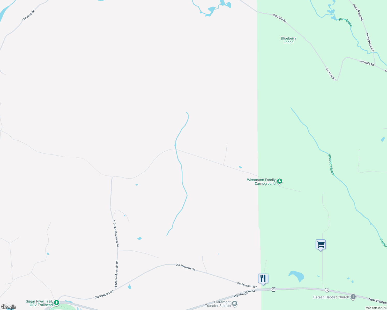 map of restaurants, bars, coffee shops, grocery stores, and more near 342 East Green Mountain Road in Claremont