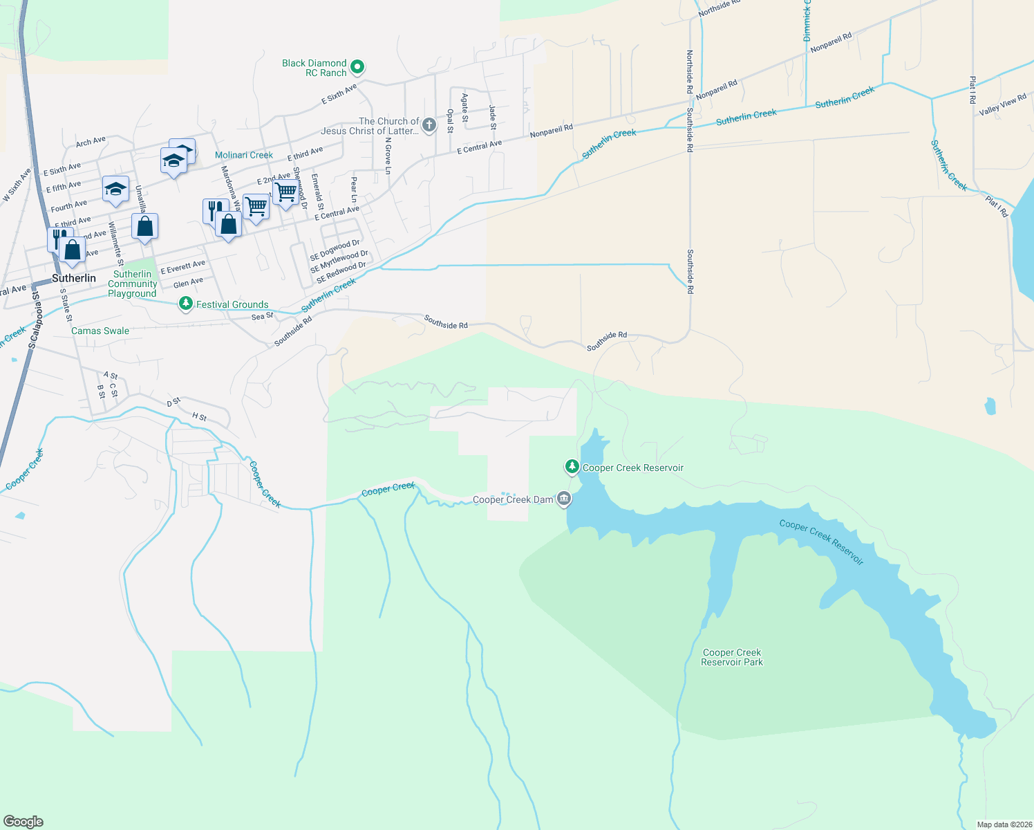 map of restaurants, bars, coffee shops, grocery stores, and more near 1853 Ridge Water Drive in Sutherlin