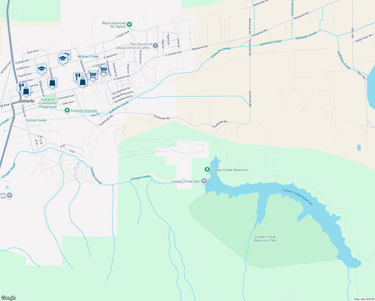 map of restaurants, bars, coffee shops, grocery stores, and more near 1816 Ridge View Drive in Sutherlin