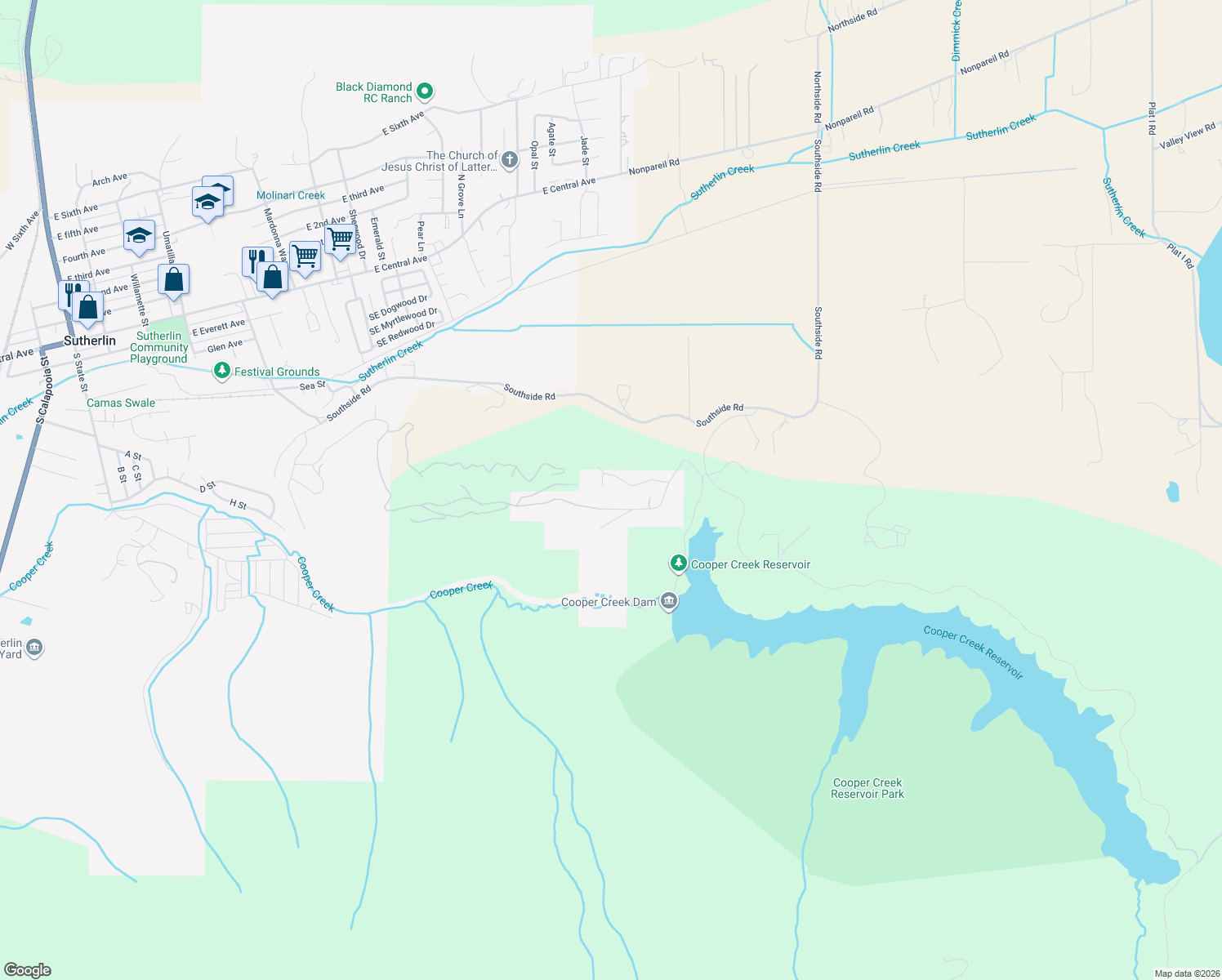 map of restaurants, bars, coffee shops, grocery stores, and more near 1816 Ridge View Dr in Sutherlin