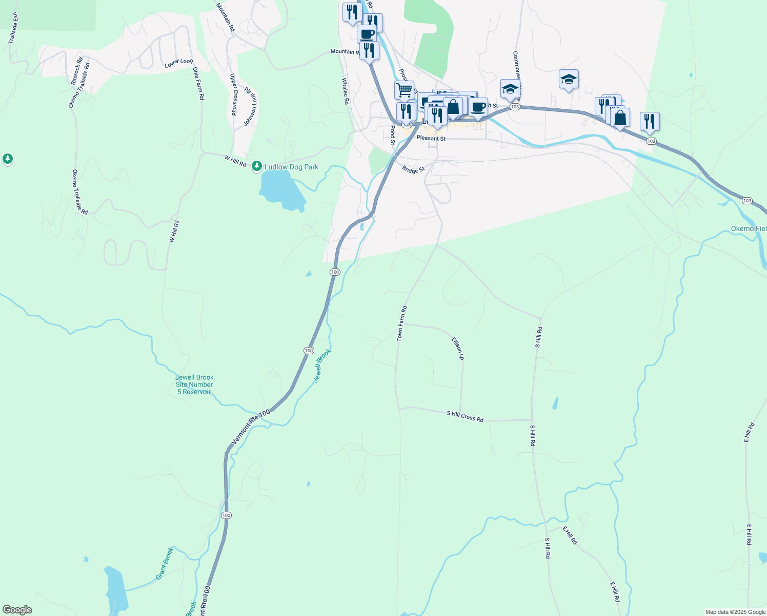 map of restaurants, bars, coffee shops, grocery stores, and more near 280 Ellison Loop in Windsor County