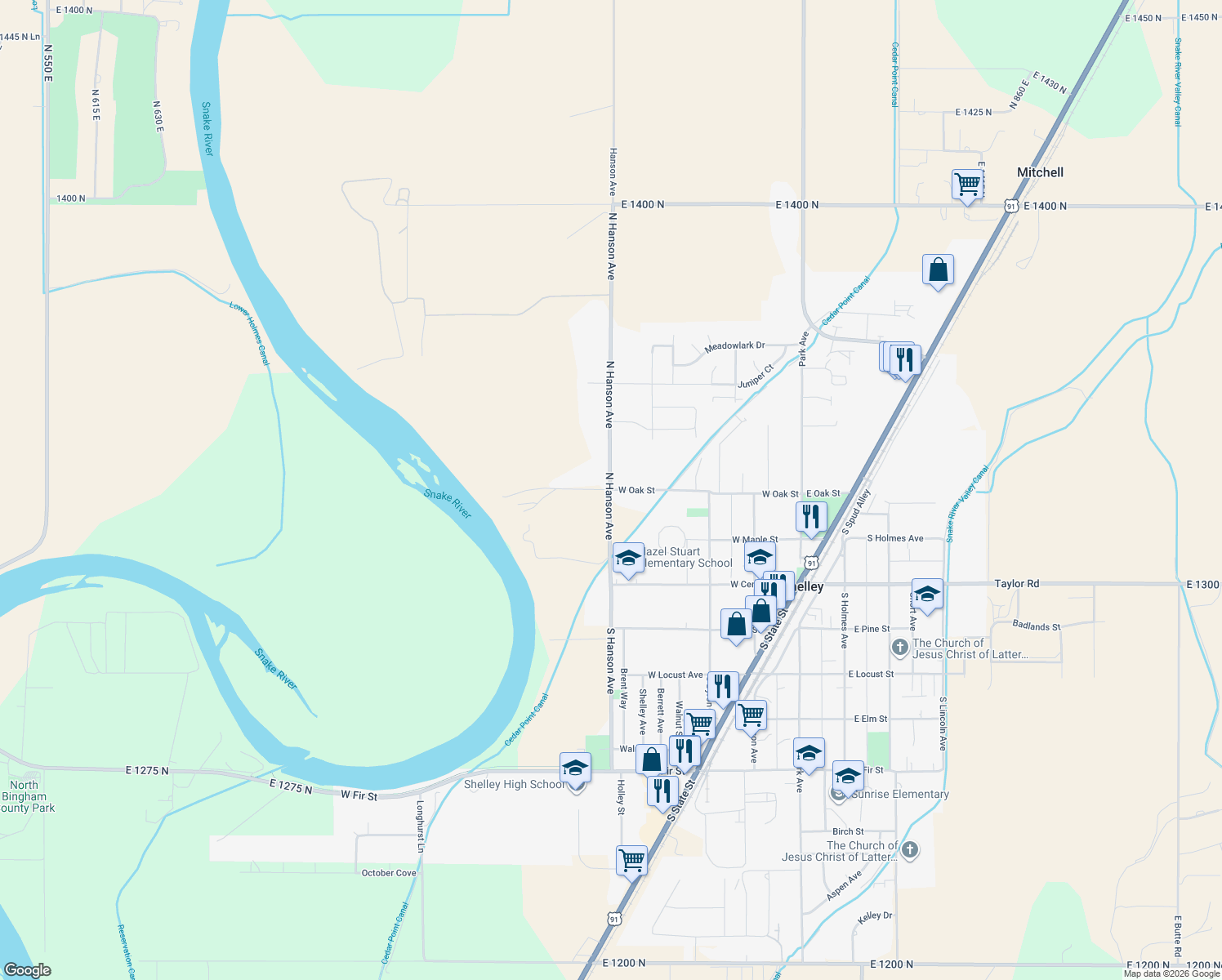 map of restaurants, bars, coffee shops, grocery stores, and more near 498 West Oak Street in Shelley