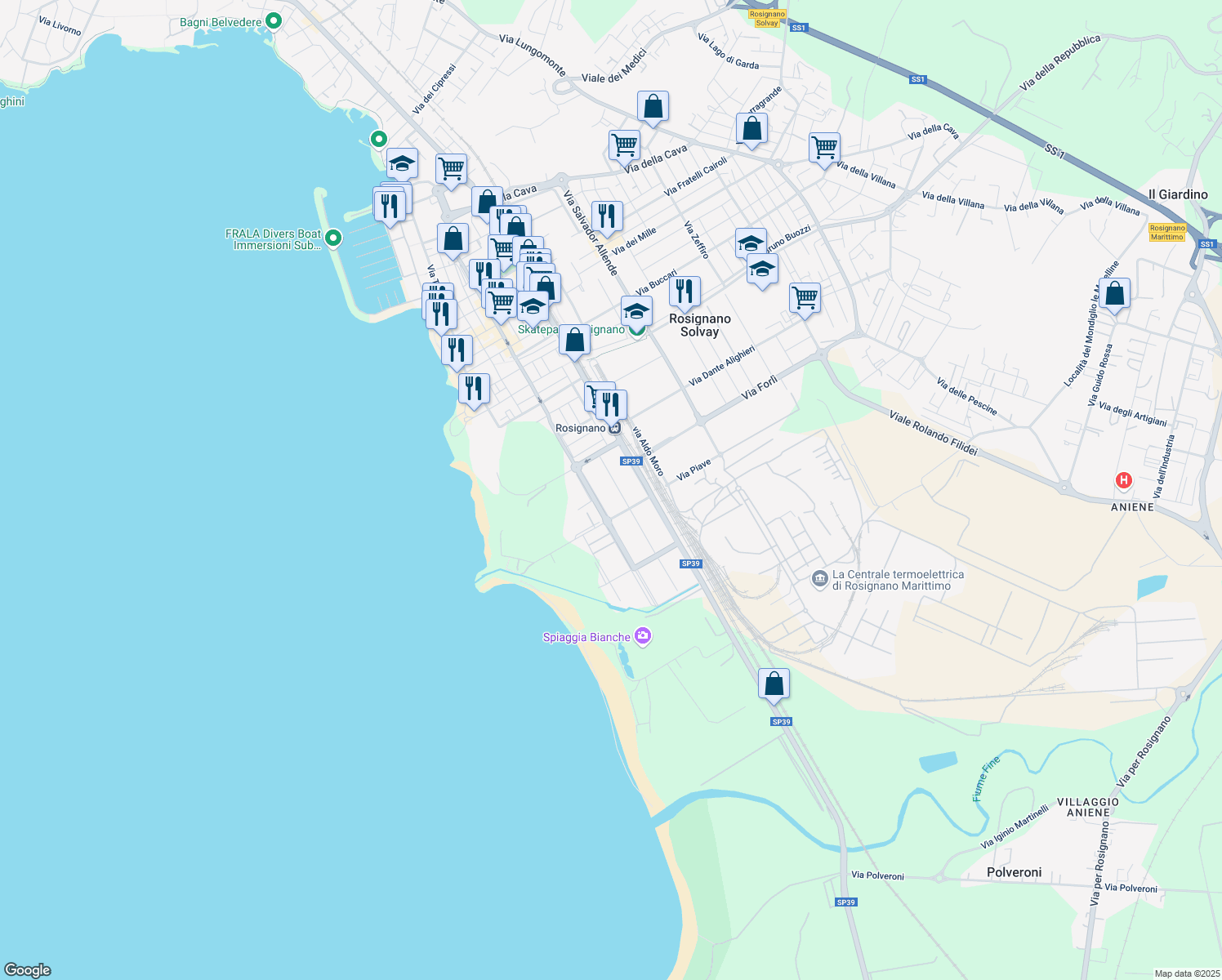 map of restaurants, bars, coffee shops, grocery stores, and more near 4 Via Alberto Agostini in Rosignano Solvay-Castiglioncello