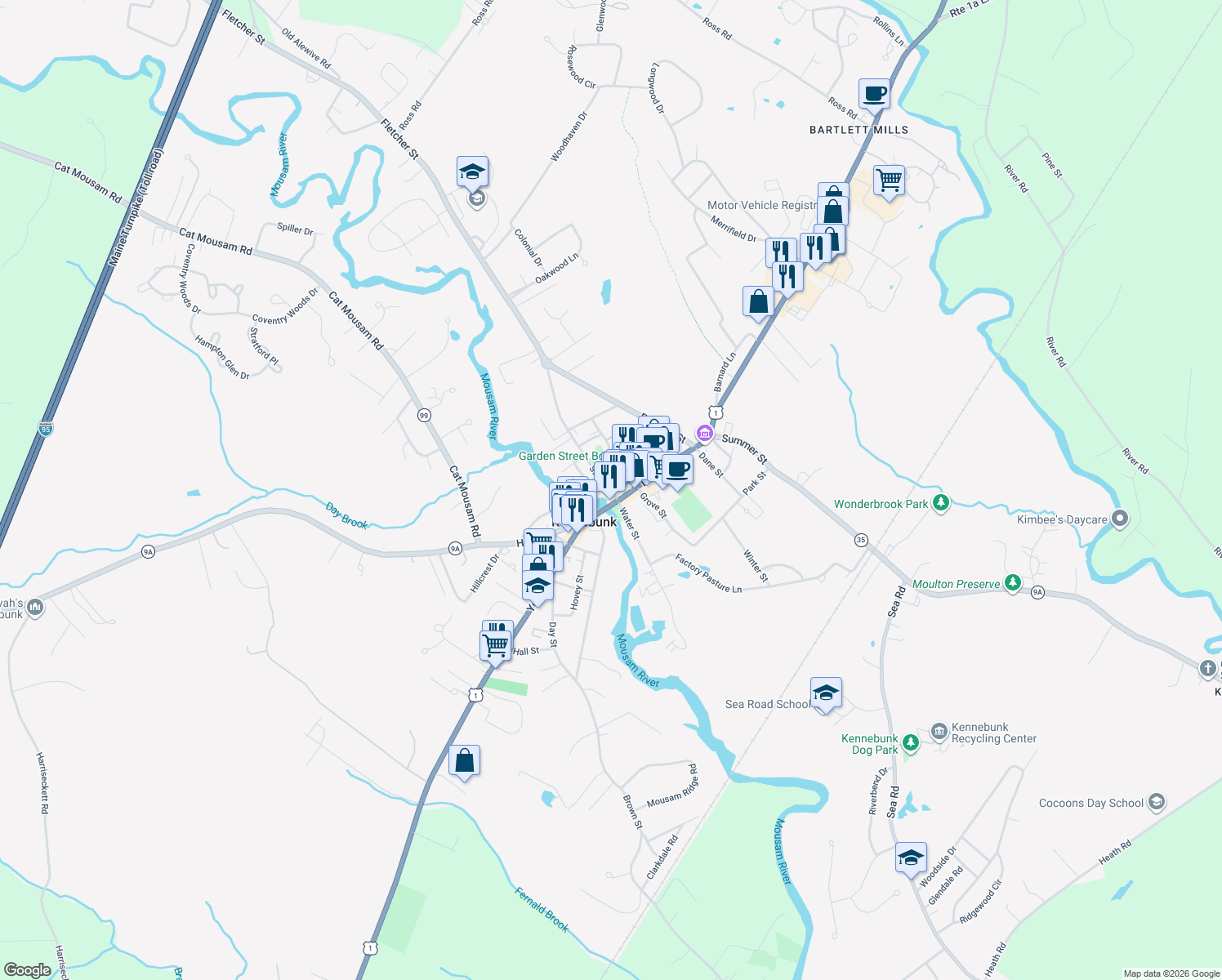 map of restaurants, bars, coffee shops, grocery stores, and more near 3 Storer Street in Kennebunk