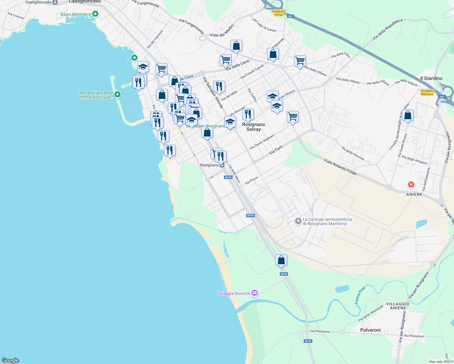 map of restaurants, bars, coffee shops, grocery stores, and more near 4 Via Alberto Agostini in Rosignano Solvay-Castiglioncello