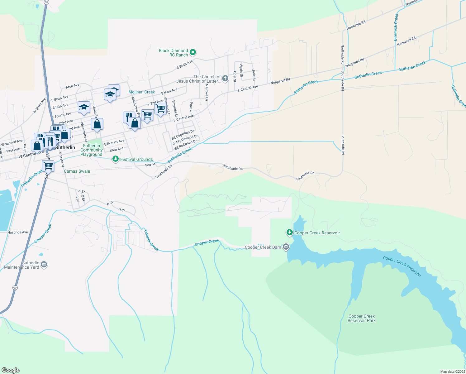 map of restaurants, bars, coffee shops, grocery stores, and more near 1614 Southside Road in Sutherlin