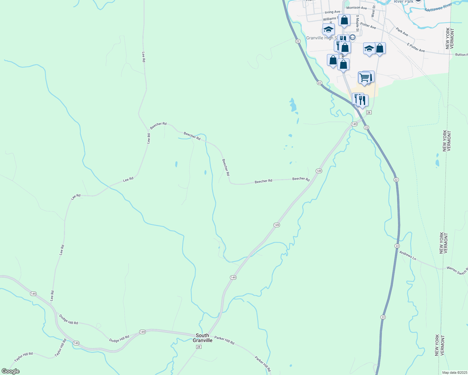 map of restaurants, bars, coffee shops, grocery stores, and more near 182 Beecher Road in Granville