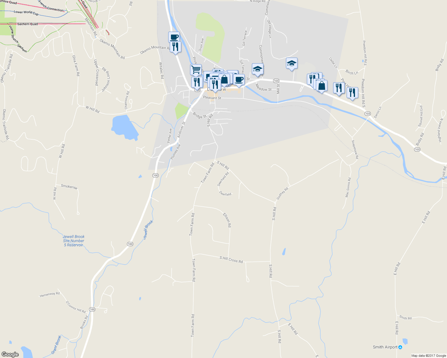 map of restaurants, bars, coffee shops, grocery stores, and more near 8 Deerfield Drive in Windsor County