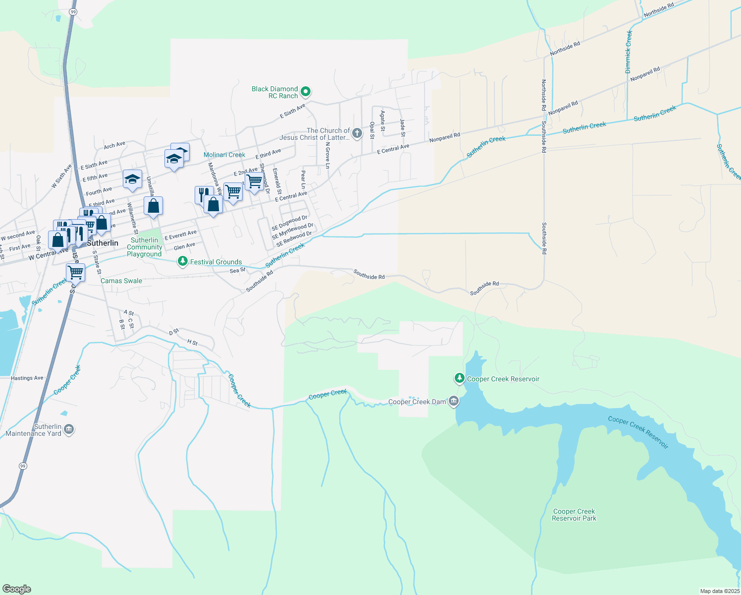 map of restaurants, bars, coffee shops, grocery stores, and more near 1614 Southside Road in Sutherlin