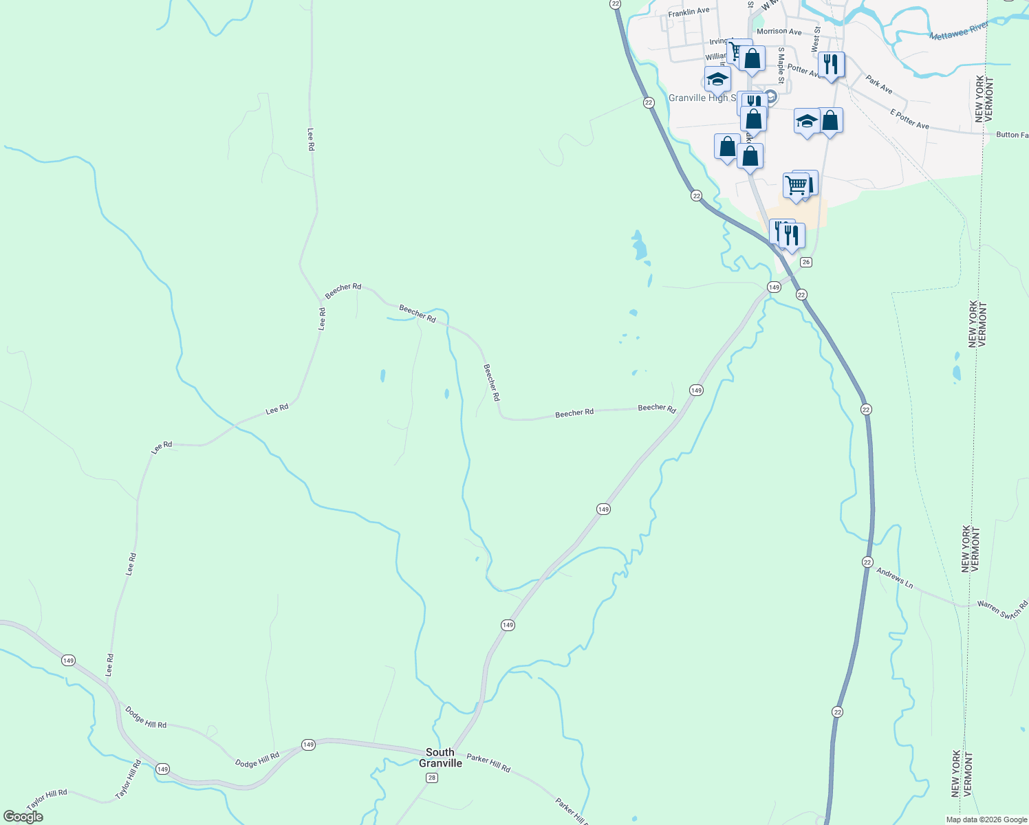 map of restaurants, bars, coffee shops, grocery stores, and more near 155 Beecher Road in Granville
