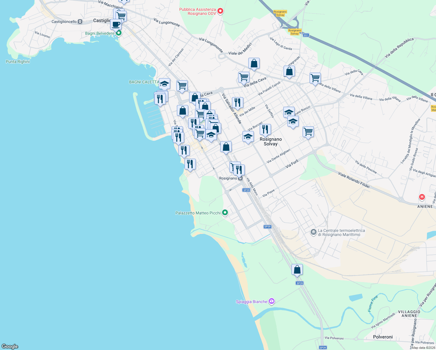 map of restaurants, bars, coffee shops, grocery stores, and more near 1 Via Vittorio Veneto in Rosignano Solvay-Castiglioncello