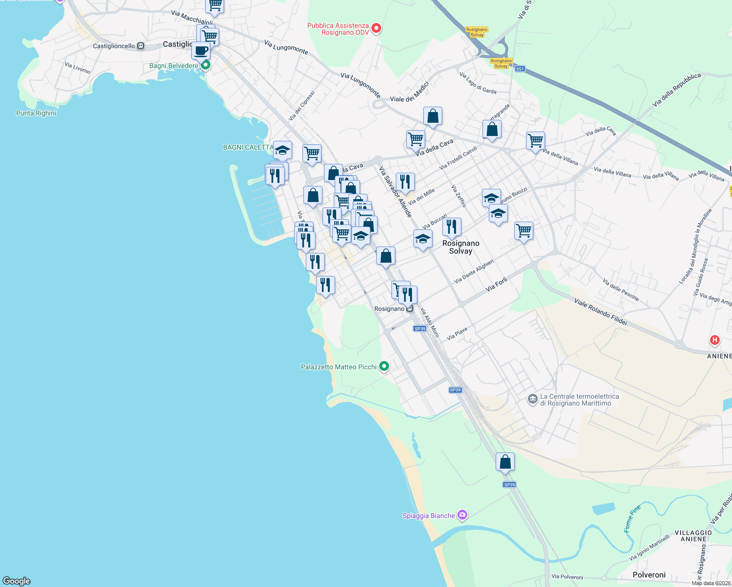 map of restaurants, bars, coffee shops, grocery stores, and more near 1 Via Vittorio Veneto in Rosignano Solvay-Castiglioncello