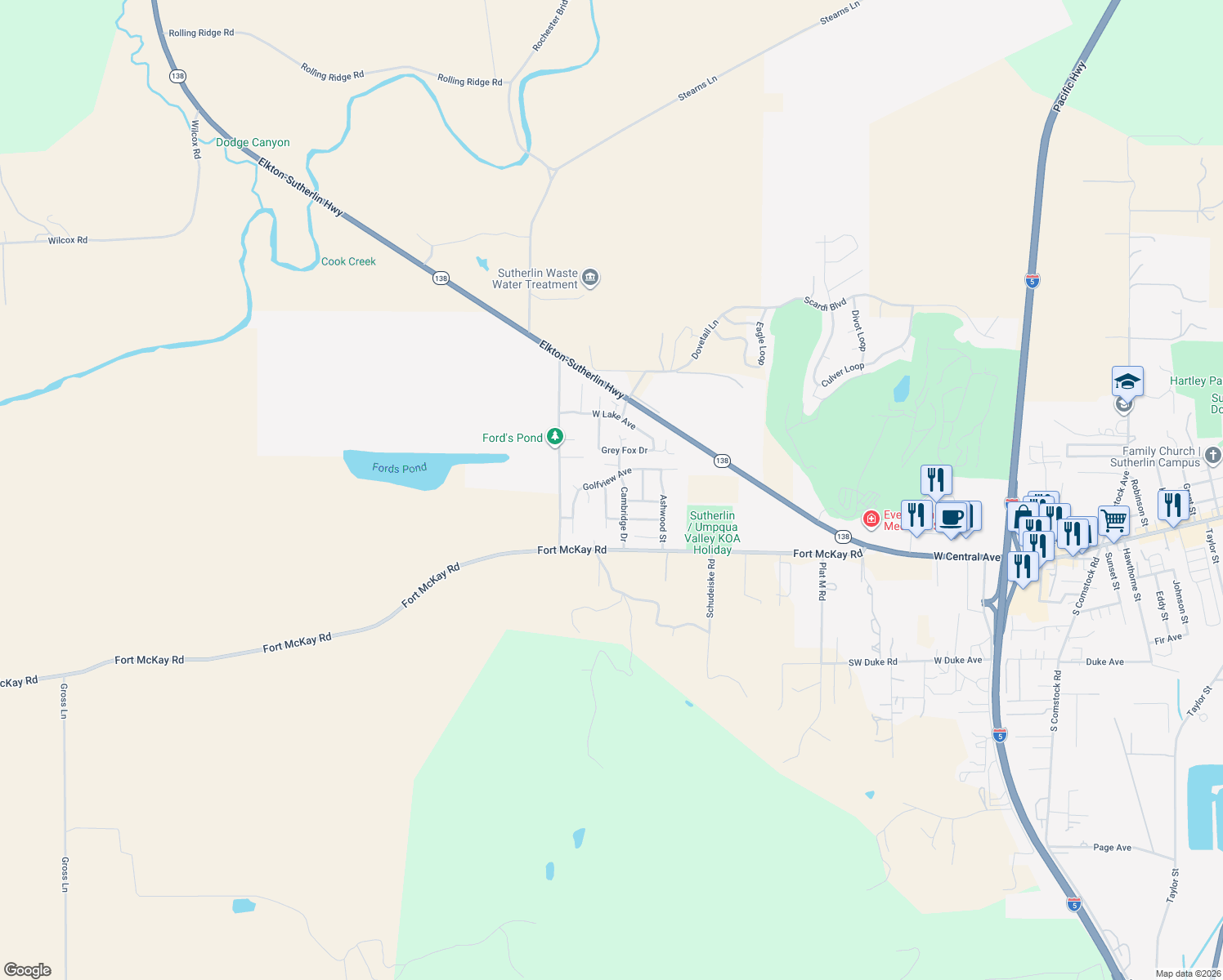 map of restaurants, bars, coffee shops, grocery stores, and more near 300 Ridgeway Street in Sutherlin