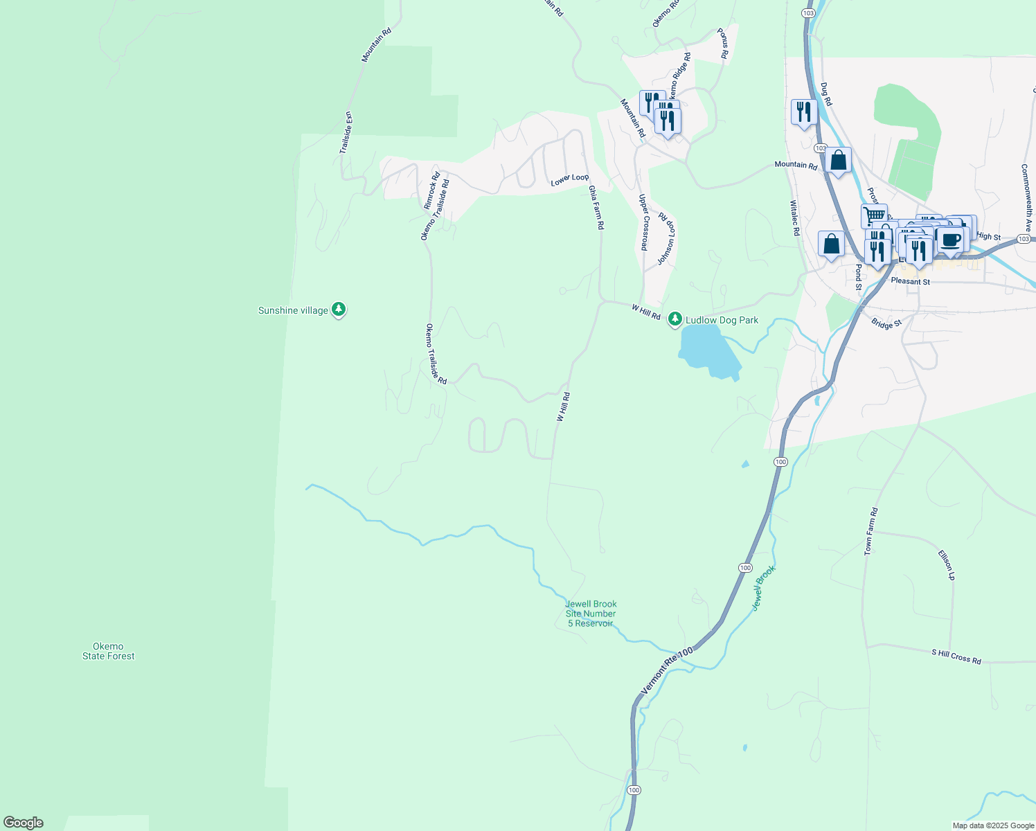 map of restaurants, bars, coffee shops, grocery stores, and more near 100 Edelweiss Road in Ludlow