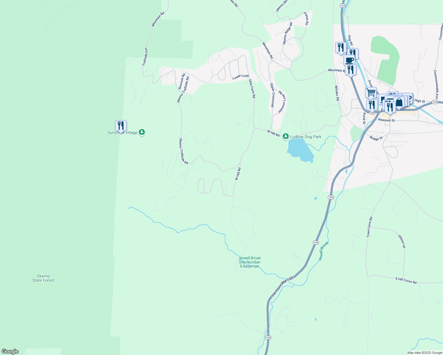 map of restaurants, bars, coffee shops, grocery stores, and more near 100 Edelweiss Road in Ludlow