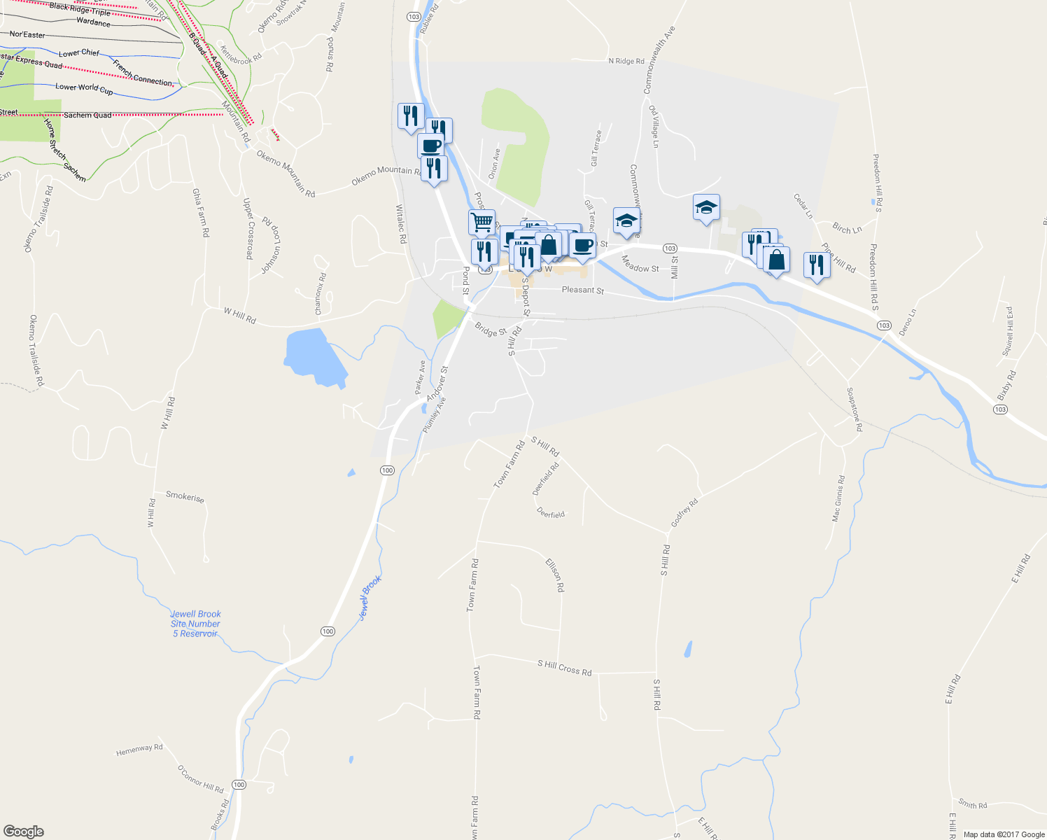 map of restaurants, bars, coffee shops, grocery stores, and more near 44 South Hill Road in Ludlow