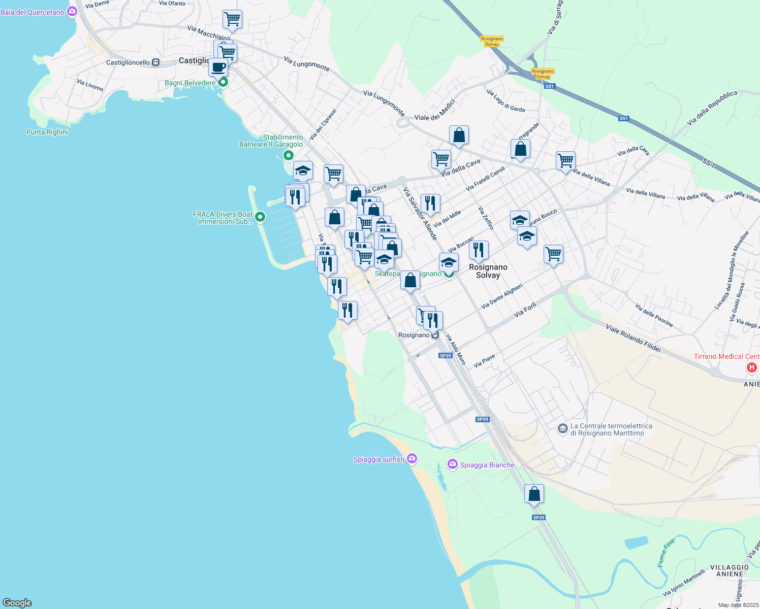 map of restaurants, bars, coffee shops, grocery stores, and more near 36 Via Umberto Terracini in Rosignano Solvay-Castiglioncello