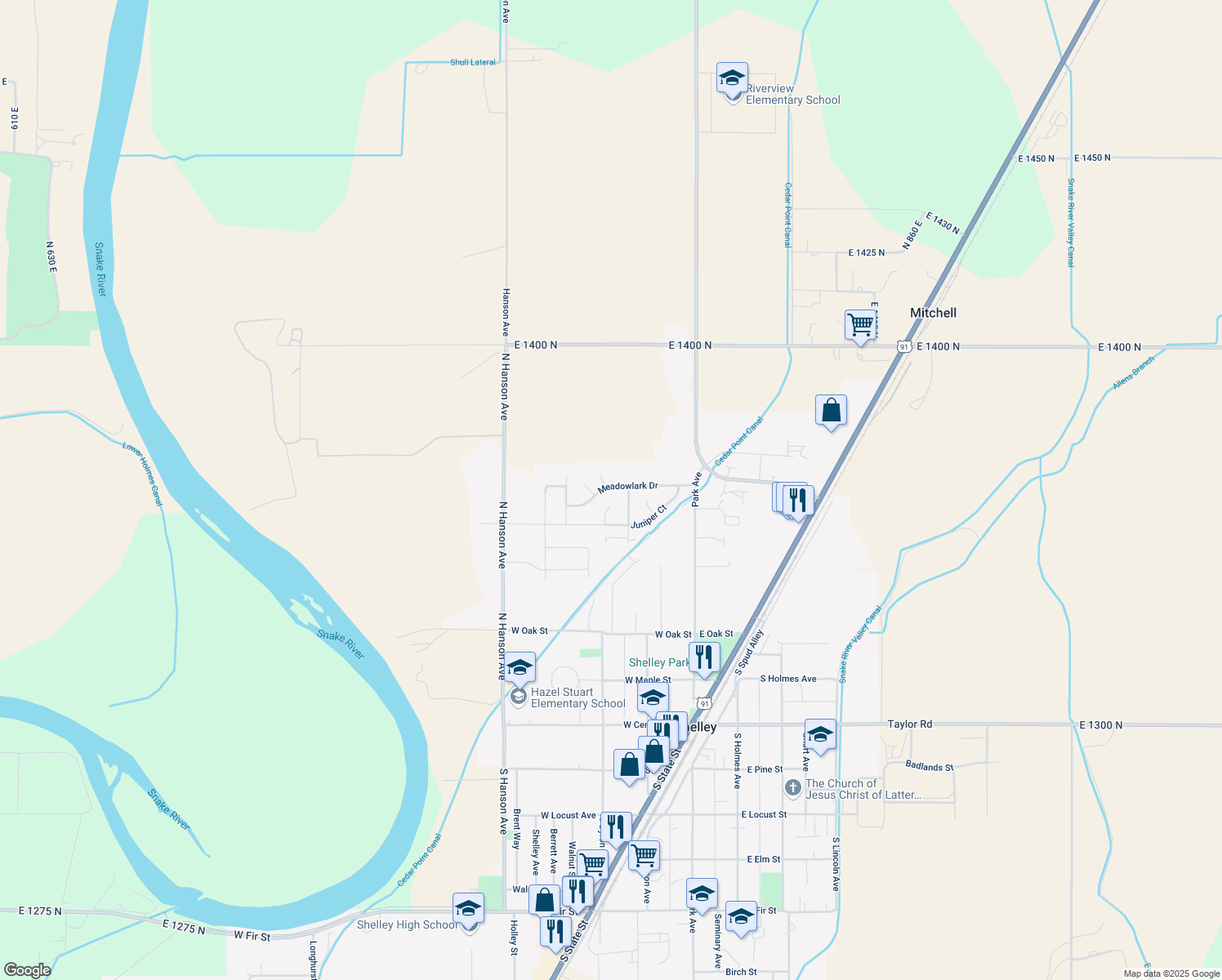 map of restaurants, bars, coffee shops, grocery stores, and more near 280 Meadowlark Dr in Shelley