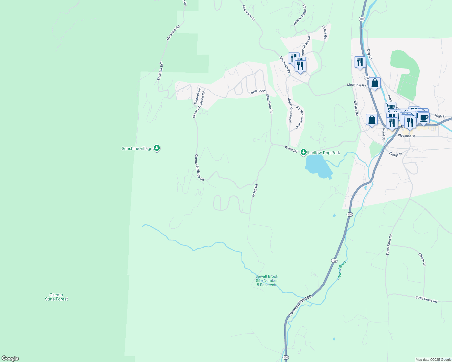 map of restaurants, bars, coffee shops, grocery stores, and more near 131 Trailside Road in Ludlow