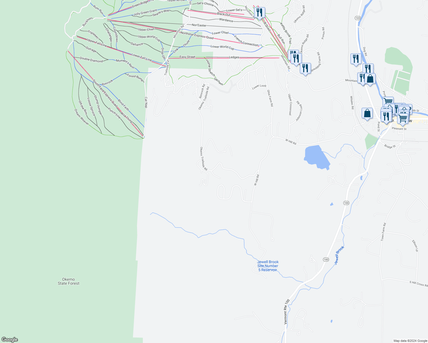 map of restaurants, bars, coffee shops, grocery stores, and more near 239 Trailside Road in Windsor County