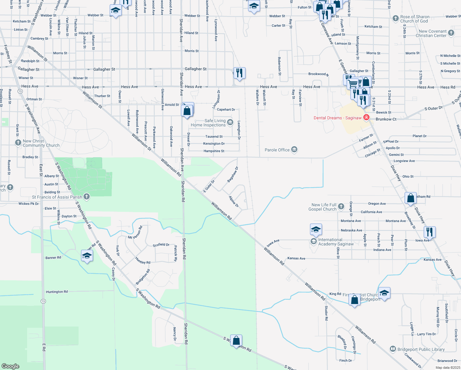 map of restaurants, bars, coffee shops, grocery stores, and more near 3498 Bagshaw Drive in Saginaw