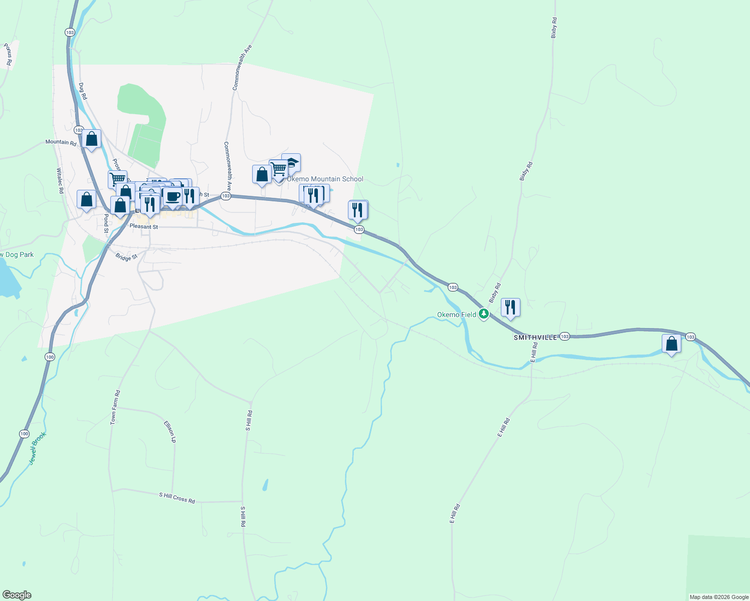 map of restaurants, bars, coffee shops, grocery stores, and more near 6 Soapstone Road in Windsor County