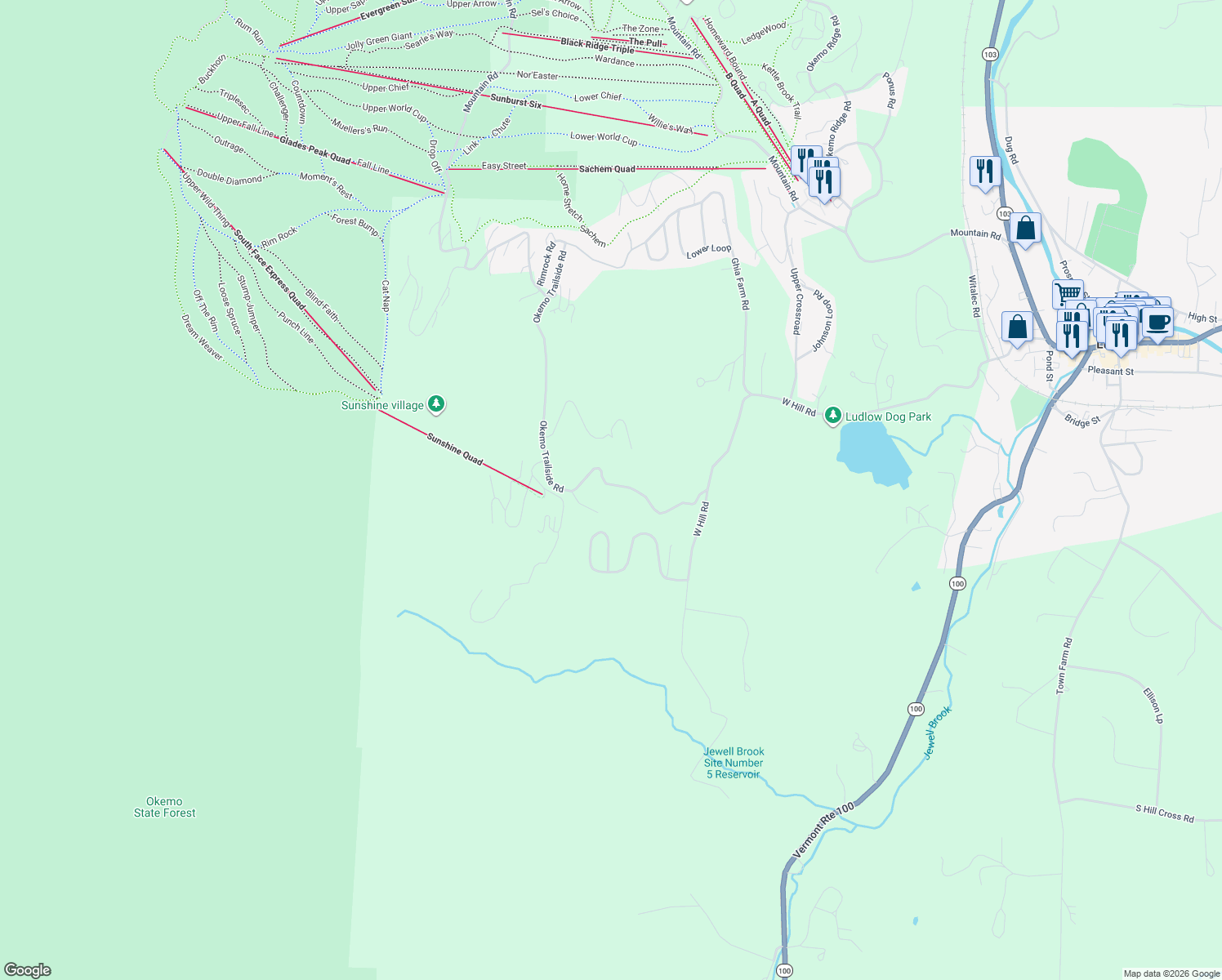 map of restaurants, bars, coffee shops, grocery stores, and more near 131 Trailside Road in Windsor County