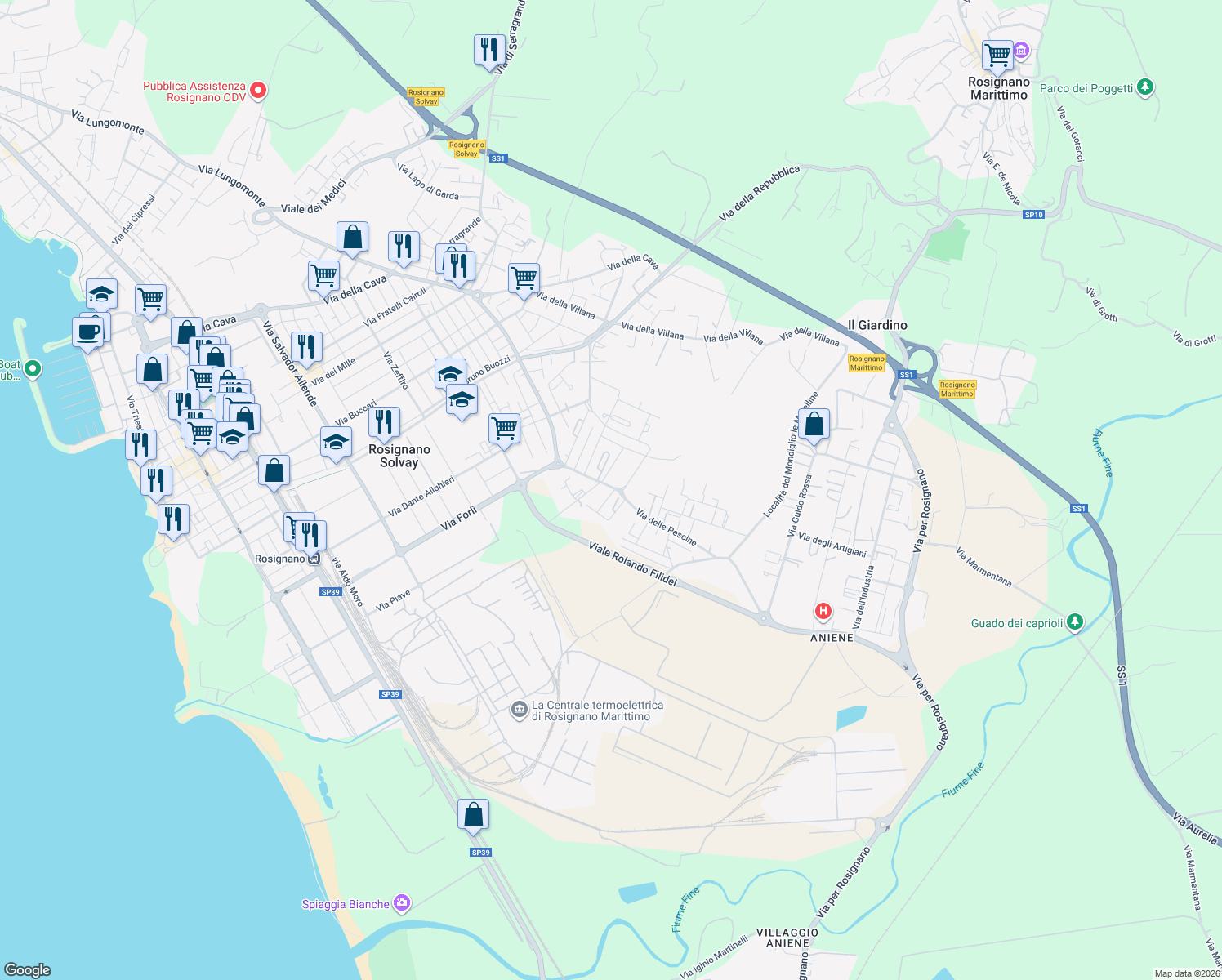 map of restaurants, bars, coffee shops, grocery stores, and more near 117 Via delle Pescine in Rosignano Solvay-Castiglioncello