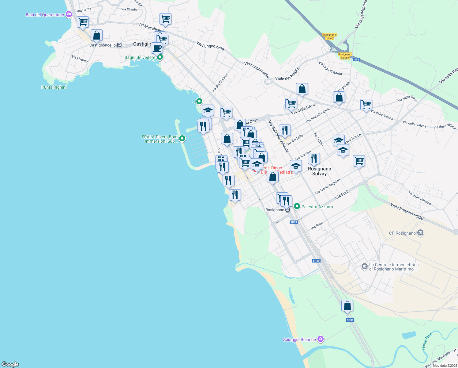map of restaurants, bars, coffee shops, grocery stores, and more near 12 Via Trieste in Rosignano Solvay-Castiglioncello